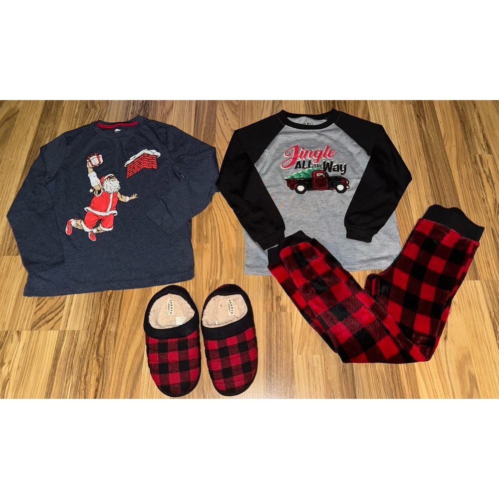 Christmas Boys Sz 8 Small Lot Red Black Plaid Pajama Slippers 13-1 Basketball T